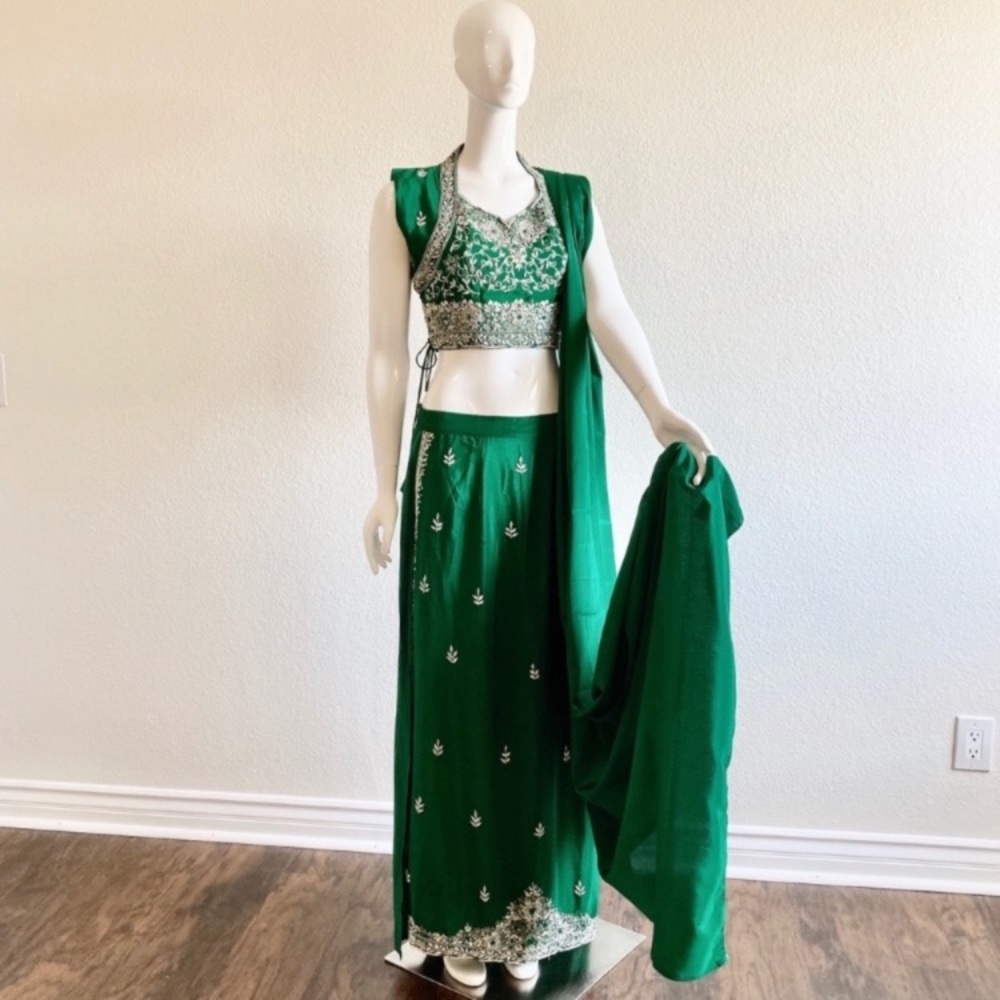 Silverwork Green Lehenga Choli Set with Hidden Pants and Shawl Dupatta
